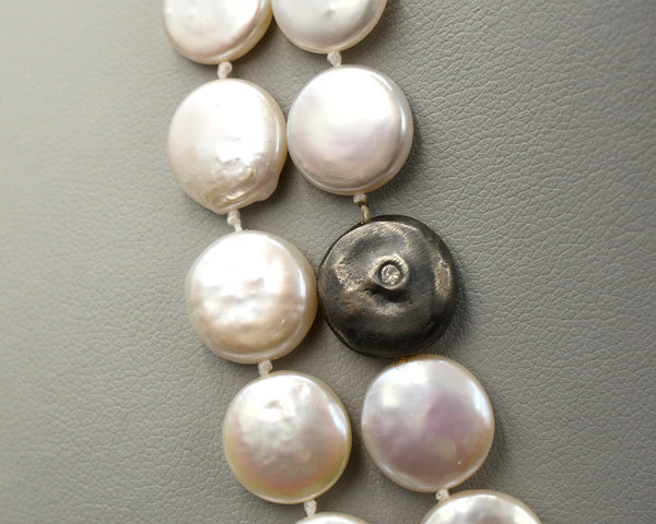Coin Pearl Necklace with Black Rhodium Diamond Discs