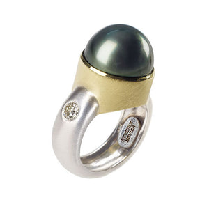 Black South Sea Pearl Ring with Gold Bezel