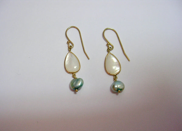 Mother Of Pearl Earrings w/ Blue Pearl Dangle