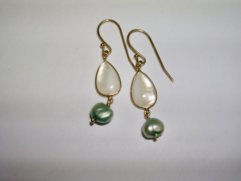 Mother Of Pearl Earrings w/ Blue Pearl Dangle