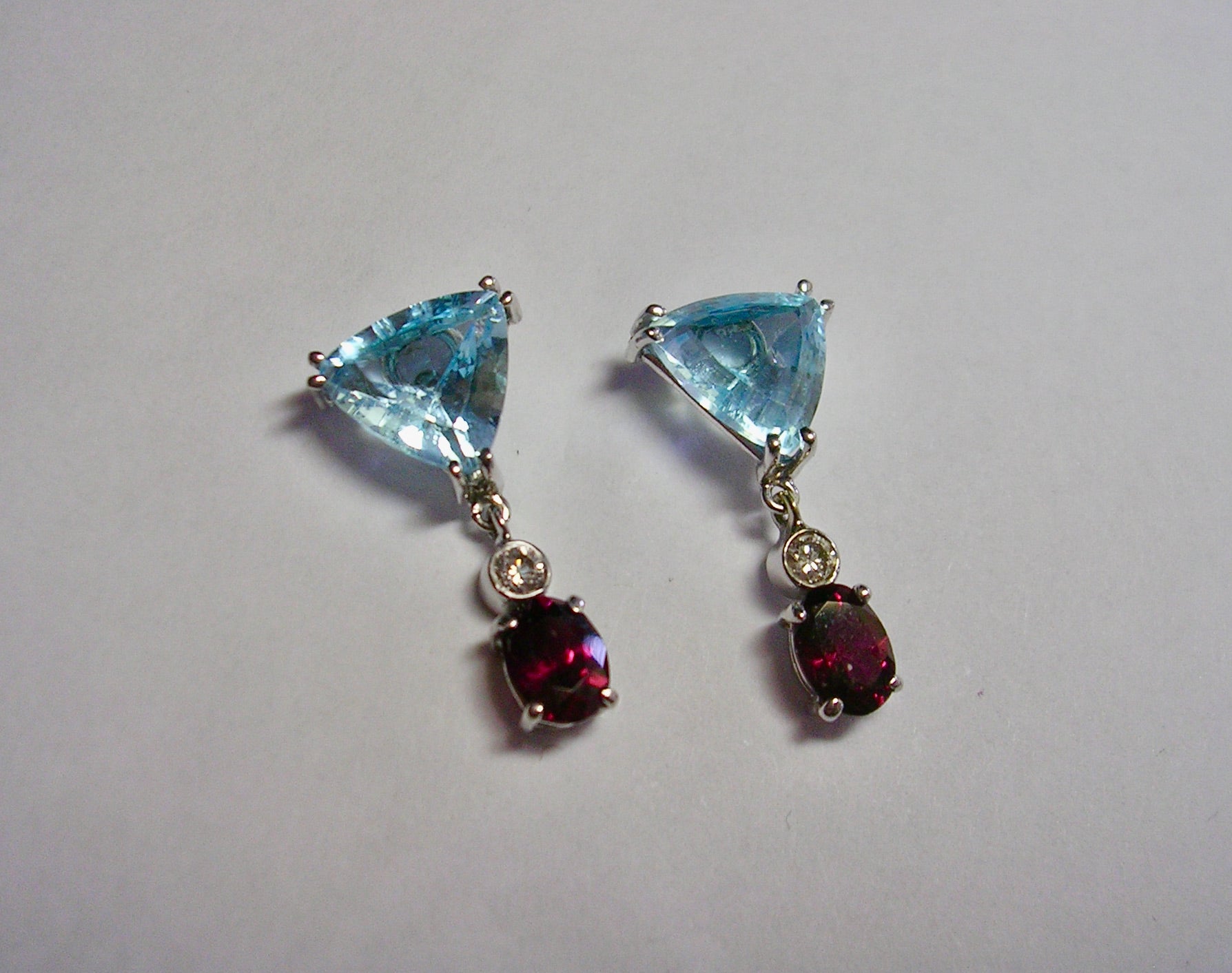 Blue Topaz Trillion Rubellite Gemstone Drop Earrings