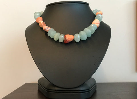 Aquamarine Rondel And Coral Necklace