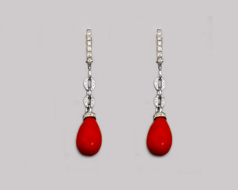 Deep Coral Diamond Drop Earrings