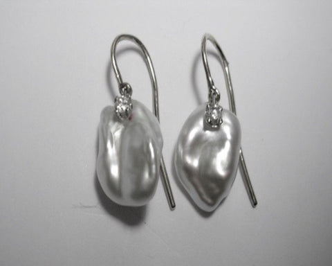 White Biwa Pearl Vine Diamond Wire Drop Earrings