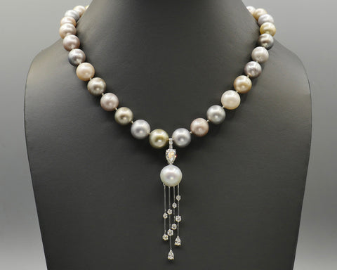 Pastel South Sea Pearl Necklace with Diamond Waterfall Pendant